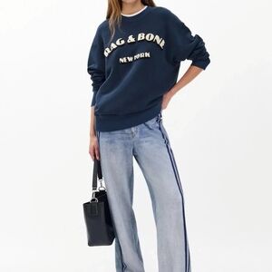 rag & bone Miramar Light Blue Wide Leg Track Pants with Navy Side Stripe